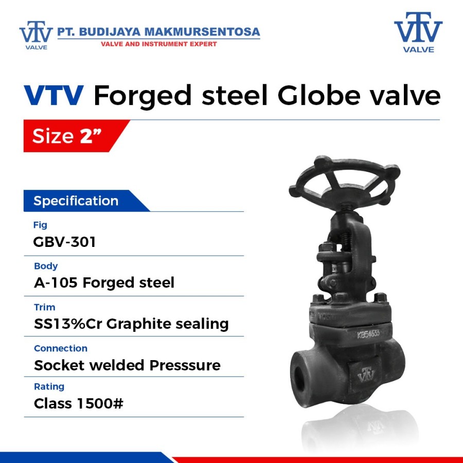 VTV Forged Steel Globe Valve Socket Welded #1500 - 1/2 Inch